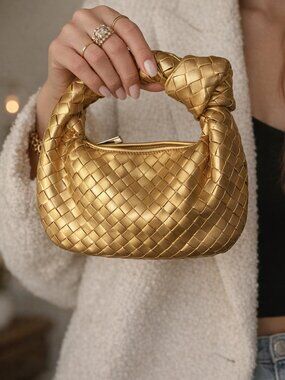 Gold Woven Mini Bag Knot Handle Designer Inspired Vegan Going Out Clutch 11x9"